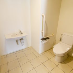 <p>トイレなど要所には常設の手すりを設置</p>
